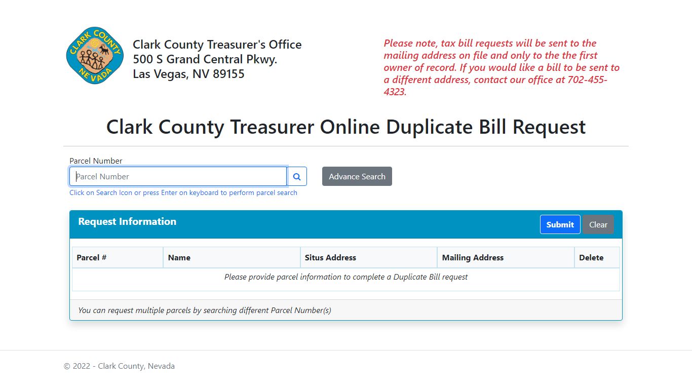 Clark County Treasurer Online Duplicate Bill Request